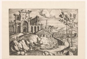 Landschap met ruïnes en fantasie-architectuur aan stromend water met waterval door Giovanni Battista Pittoni (I)