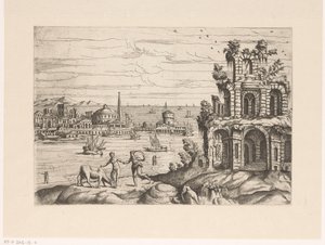 Stadsgezicht met ruïnes en fantasie-architectuur aan het water