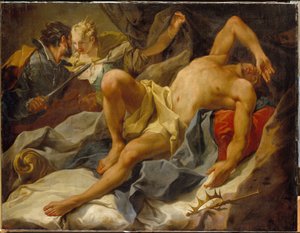 De dood van koning Candaule (of Sadyatte of Myrsile, koning van Lydië, 8e eeuw v.Chr.). Vermoord door Gyges, zijn vertrouweling en rivaal, die hem neerstak en zijn vrouw, koningin Tudo, trouwde