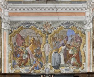 Sint Ambrosius verbant keizer Theodosius uit de Tempel en De boetedoening en zegen van Theodosius door Giovanni Battista Pozzo