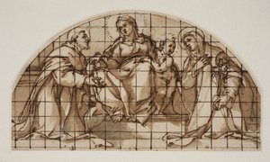 Lunet met de Madonna en Kind met St. Franciscus van Assisi en Catharina van Siena