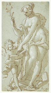 Venus onderwijst Amor, die in een boek leest
