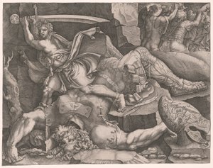 David hakt het hoofd van Goliath af door Giovanni Battista Scultori
