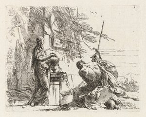 Een vrouw met haar handen op een vaas, een soldaat en een slaaf, uit Vari capricci (Verschillende Capriccio