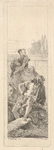Een bebaarde, zittende man kijkt over zijn rechterschouder naar een kind en vrouw die dragen..., ca. 1750-55 door Giovanni Battista Tiepolo