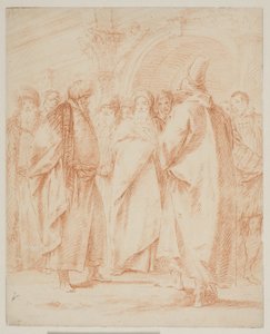 Een groep mannen verzameld voor een poort door Giovanni Battista Tiepolo