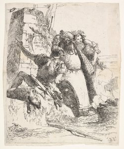 Een scène van necromantie: een vrouw met een vat, een geturband man en een soldaat kijken... door Giovanni Battista Tiepolo