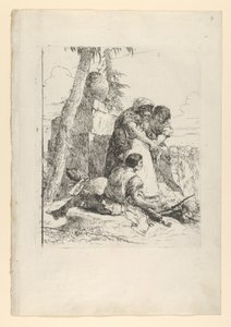 Tovenaar wijst op een brandend hoofd aan twee jongeren, uit de Scherzi, ca. 1743-50 door Giovanni Battista Tiepolo