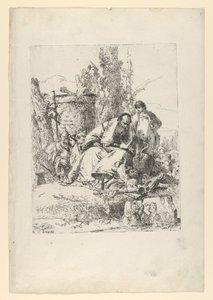 Zittende magiër, jongen en vier figuren uit de Scherzi di Fantasia door Giovanni Battista Tiepolo