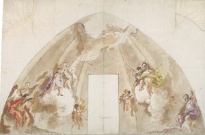 Zingende en musicerende engelen: Voorbereidende tekening voor het plafond van de kathedraal van Udine door Giovanni Battista Tiepolo