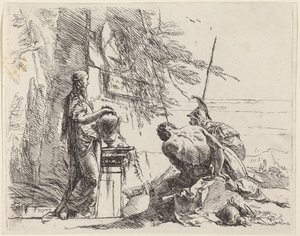 Staande vrouw en zittende mannen voor een obelisk door Giovanni Battista Tiepolo
