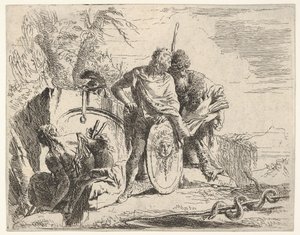 Drie figuren en een slang om een staf gewikkeld, omgeven door een landschap, de ce..., 18e eeuw