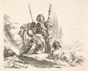 Drie soldaten en een jongeling liggend op zijn buik in een landschap, de soldaten dragen een... door Giovanni Battista Tiepolo