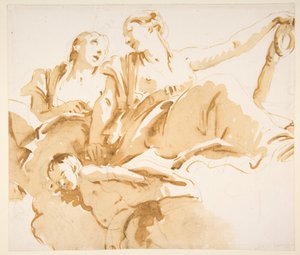 Zwei Frauen, eine hält einen Anker, und ein Putto auf Wolken door Giovanni Battista Tiepolo