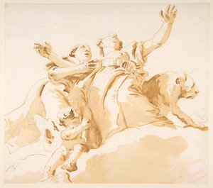 Zwei Frauen, ein Löwe und ein Putto auf Wolken door Giovanni Battista Tiepolo