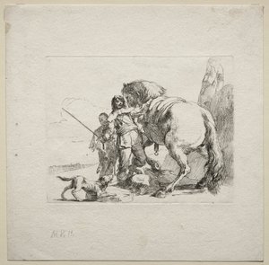 Verschillende Caprices: De Ridder die zijn Paard Beklimt door Giovanni Battista Tiepolo