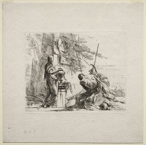 Verschillende Caprices: De vrouw staand met handen op een vaas door Giovanni Battista Tiepolo