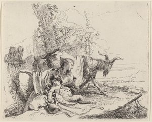 Vrouw, satyrkind en geit in een landschap