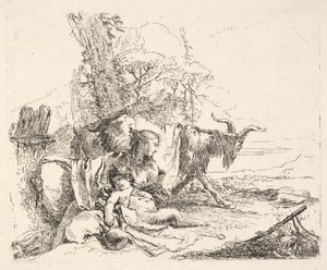 Vrouw en baby satyr in een landschap, de vrouw draait zich om om over haar linkerschouder te kijken, ca. 1740-42