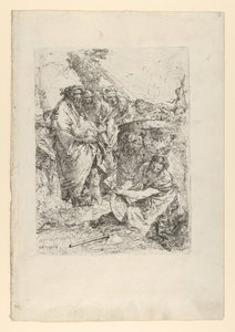 Vrouw knielend voor magiërs en andere figuren, uit de Scherzi, ca. 1743-50 door Giovanni Battista Tiepolo