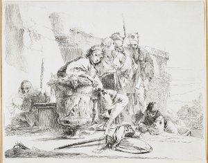 Jonge man zittend, leunend tegen een urn, plaat uit Vari Capricci, 1740s door Giovanni Battista Tiepolo