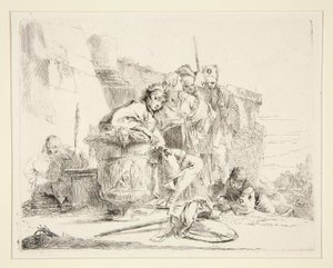 Jonge man zittend en leunend op een urn door Giovanni Battista Tiepolo