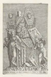 Trofee van wapens, een vrouwenfiguur en engelen