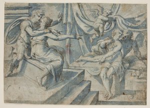 Een verliefd paar op een bed wordt onthuld door een putto voor een Romeinse soldaat en zijn vrouw