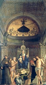 Madonna en Kind Enthroned tussen SS. Franciscus, Johannes de Doper, Job, Dominicus, Sebastiaan en Lodewijk (het San Giobbe Altaarstuk) ca. 1487 door Giovanni Bellini