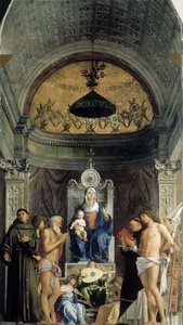 Madonna en Kind, muzikale engelen en de Heiligen Franciscus, Johannes de Doper, Job, Dominicus... door Giovanni Bellini