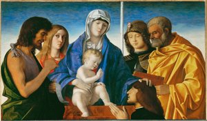 Maagd en kind met de heiligen Johannes Baptist, Magdalena, Joris en Petrus ... door Giovanni Bellini