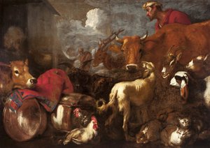 De dieren gaan aan boord van de ark van Noach