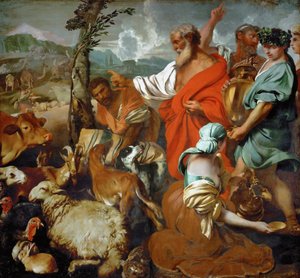 De dieren gaan aan boord van de Ark van Noach