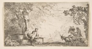 Een sater liggend aan de voet van een standbeeld van Priapus, geiten aan de rechterkant, ca. 1645-48