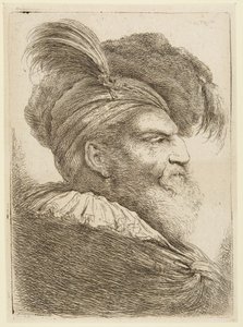Kop van een bebaarde man met gevederde hoed door Giovanni Benedetto Castiglione
