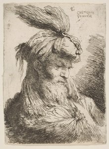 Hoofd van een bebaarde man met een tulband naar rechts gericht, uit de serie Kleine Hoofden..., ca. 1645-1650