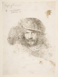Hoofd van een man met een gevederde hoed mogelijk Bernini, mogelijk een zelfportret, ca. 1645-1650 door Giovanni Benedetto Castiglione