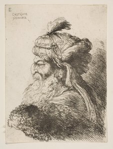Hoofd van een oude man met tulband naar links, uit de serie van Kleine Hoofden, ca. 1645-1650 door Giovanni Benedetto Castiglione
