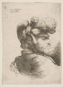 Man in profiel naar rechts, met een bontmuts, uit de serie Kleine Hoofden, ca. 1645-1650 door Giovanni Benedetto Castiglione