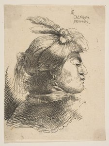 Man met een kleine tulband versierd met pluimen en lint, naar rechts kijkend, uit..., ca. 1645-1650 door Giovanni Benedetto Castiglione