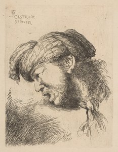 Man met een tulband, een das om zijn nek, naar links kijkend door Giovanni Benedetto Castiglione