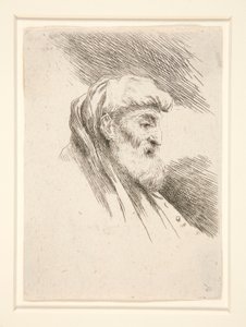 Oude man met lange baard, in profiel, naar rechts gekeerd (uit de serie Les petites tetes) door Giovanni Benedetto Castiglione