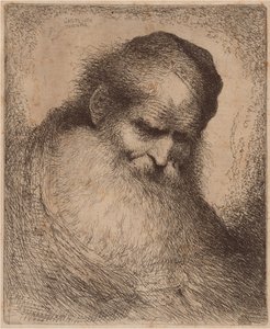 Oude man met een lange baard en schedelmuts, voorover leunend