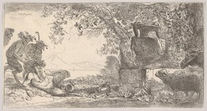 Pan liggend aan de linkerkant met twee staande saters, een grote vaas op een voetstuk aan de rechterkant, ca. 1645 door Giovanni Benedetto Castiglione