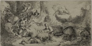 De geboorte van Christus met God de Vader en engelen
