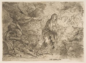 De engel wekt Jozef voor de aanwezigheid van de Maagd en het Kind door Giovanni Benedetto Castiglione