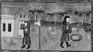 Decameron, Frédéric klopt aan bij Madame Tessa; de man vindt eten en wijn onder een perzikboom. Zevende dag, kort verhaal 1 door Giovanni Boccaccio