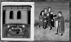 Decameron, Giovanni del Bragoniera en Biagio Pizzini stelen het relikwie van broeder Ciboule; de broeder markeert de kleren van de dorpelingen met de kolen. Dag zes, nieuwsbericht 10 door Giovanni Boccaccio