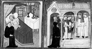 Decameron,De biecht van de stervende Ciappelletto; de gelovigen worden uitgenodigd tot devotie. Eerste dag, kort verhaal 1. door Giovanni Boccaccio