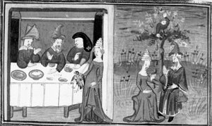 Decameron, Lidia doodt de sperwer van haar man; de vrouw praat met haar man in de wei. Zevende dag, nieuws 9 door Giovanni Boccaccio